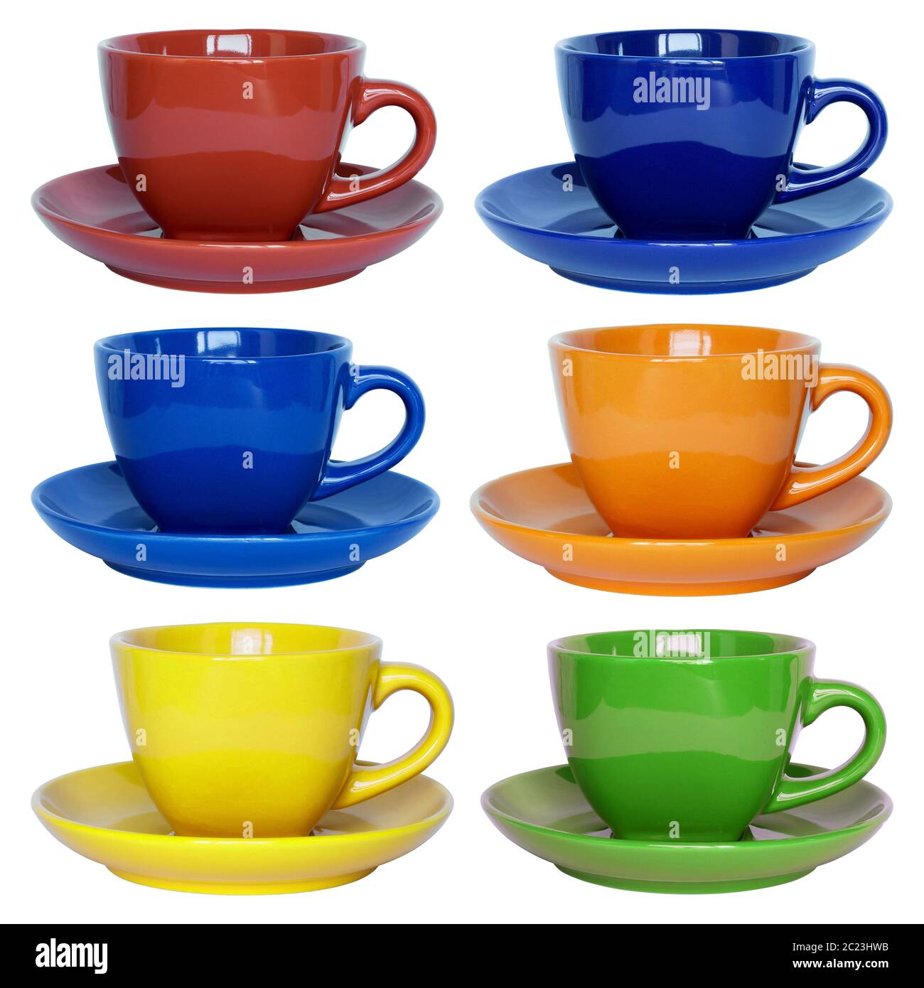 set of color cups and saucer isolated on white with clipping path Stock ...