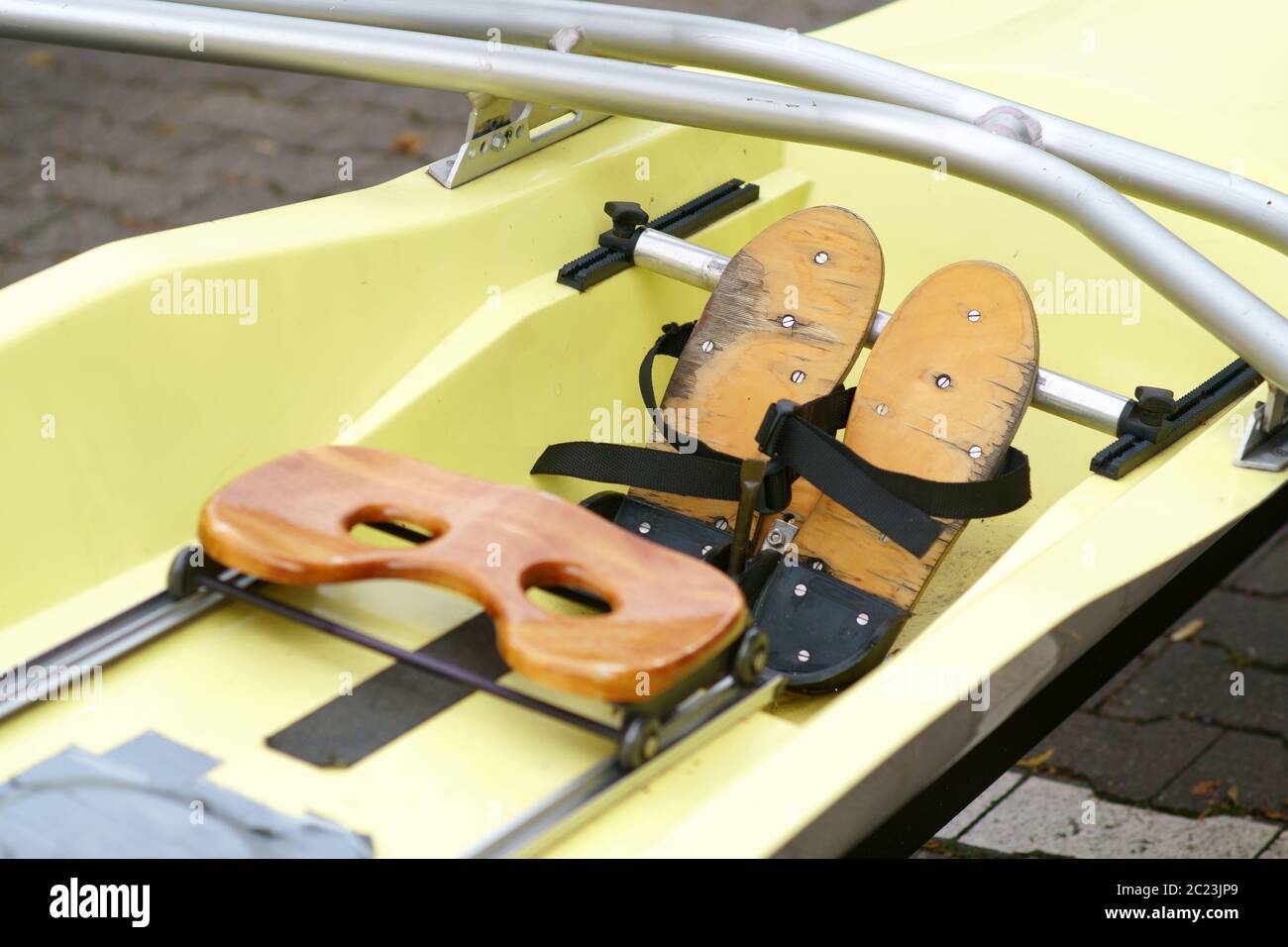 The close-up of a rowing boat's seats in rowing sport. Stock Photo
