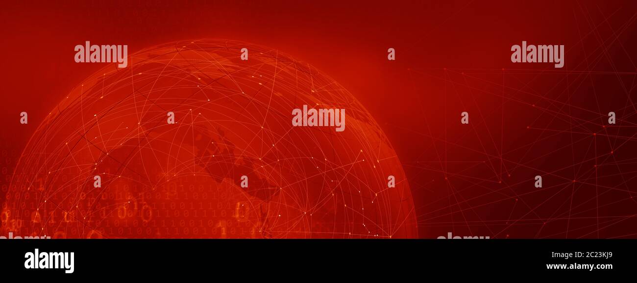 Graphical blockchain red theme background with connection lines and binary codes. Global connectivity technology concept Stock Photo