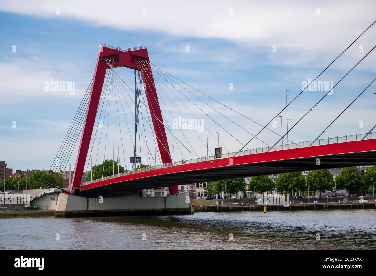 Willemsbrug (Willems Bridge) is a modern suspension bridge crossing the Nieuwe Maas in Rotterdam, Netherlands Stock Photo