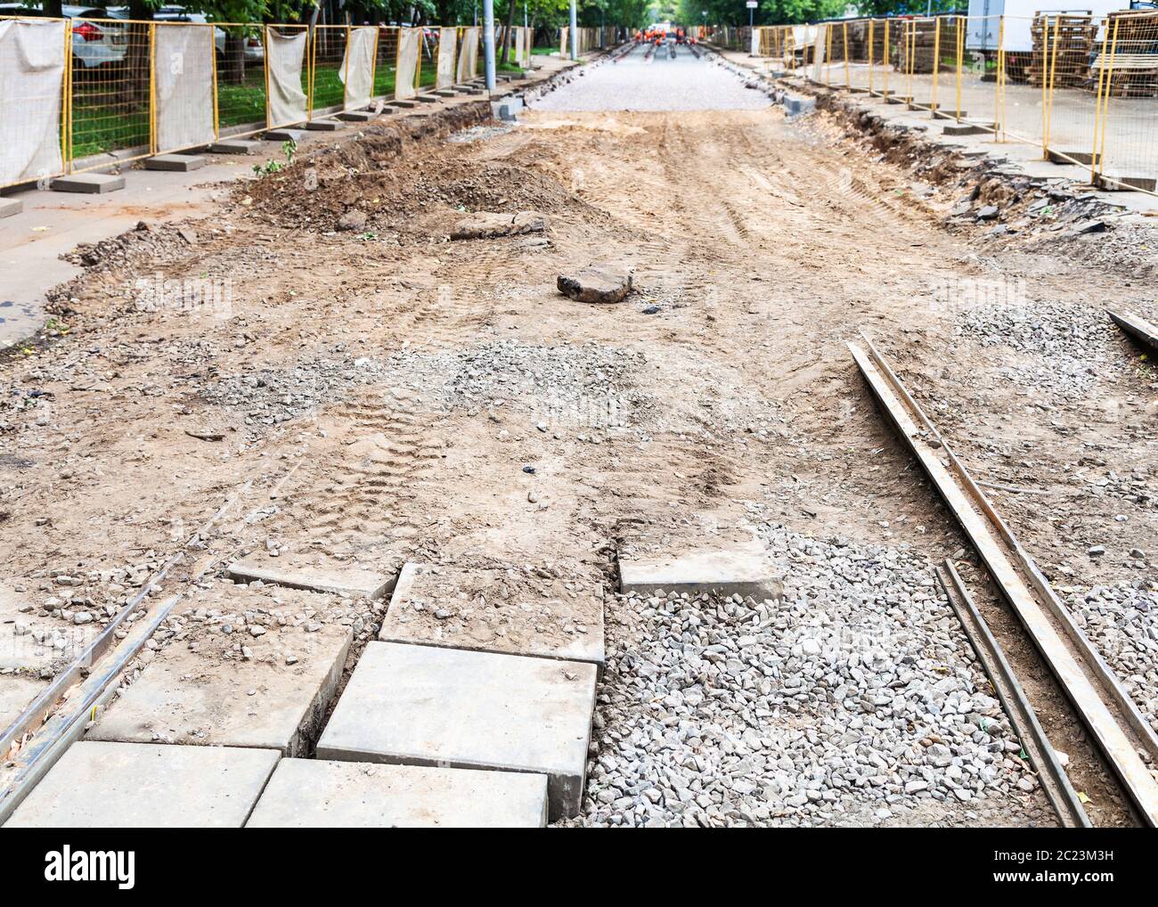 repair of tram tracks in Moscow city - broken old tram road and laying ...