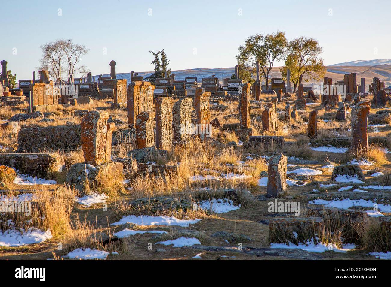 Historical tombs and headstones in the ancient cemetery of Noratus in Armenia Stock Photo