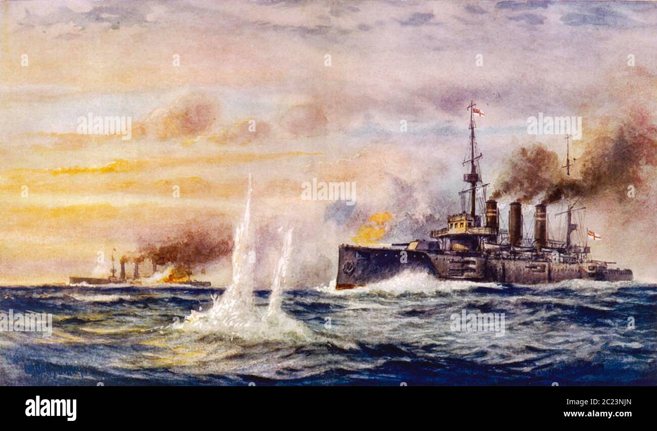 BATTLE OF THE FALKLAND ISLANDS 8 December 1914. The light cruiser HMS Kent sinks the German cruiser SMS Nurnberg Stock Photo