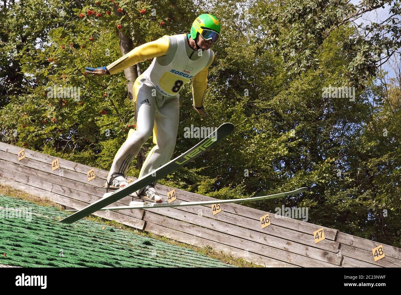 ski jumper before landing, Meinhardus ski jumping hill in summer