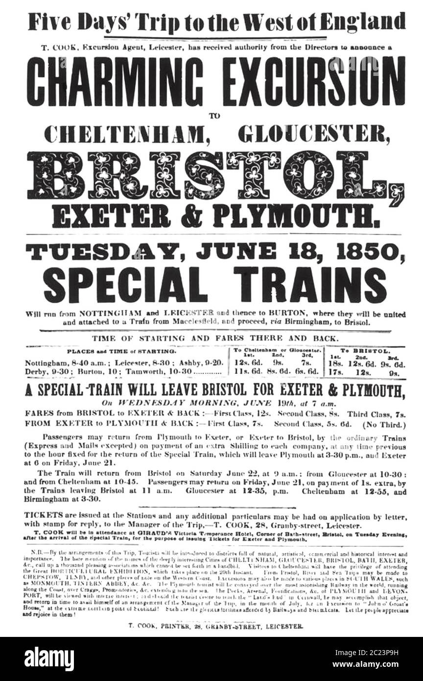 THOMAS COOK (1808-1892) English founder of the travel agency. An 1850 advert for a railway excursion taking in several towns and cities. Stock Photo