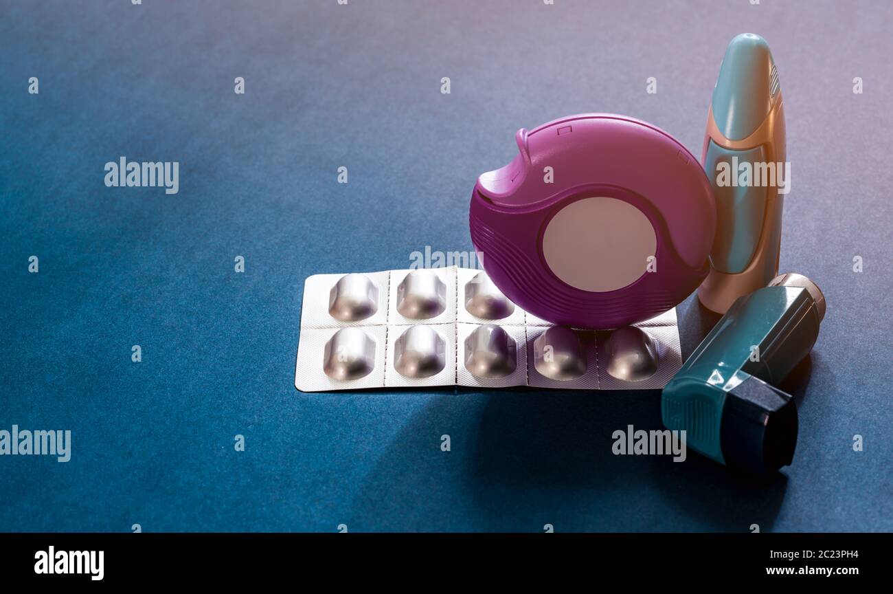 Set of asthma inhaler, accuhaler and antiallergy pills for treatment