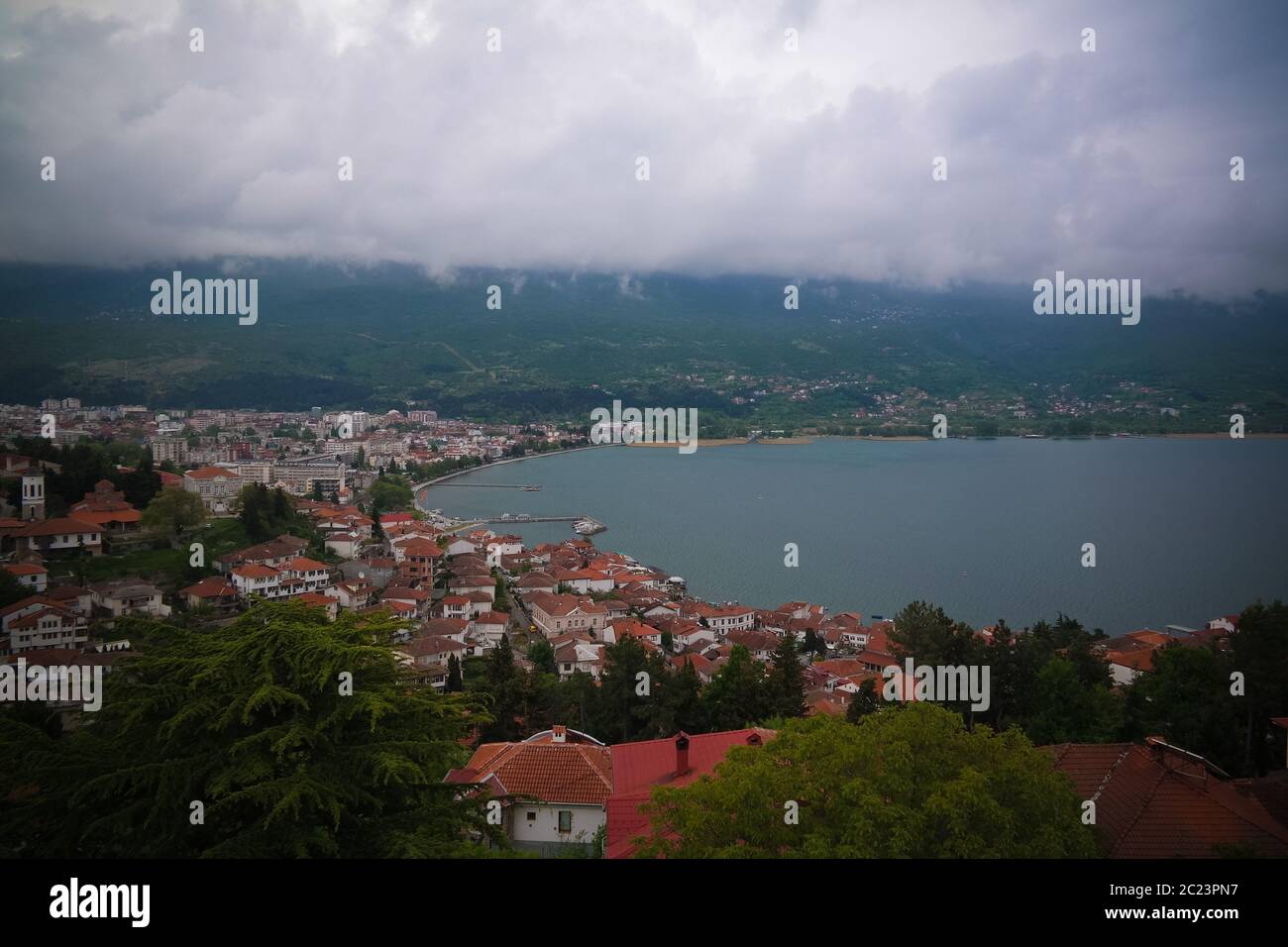 Panoramic aerial view to Ohrid lake and city North Macedonia Stock Photo