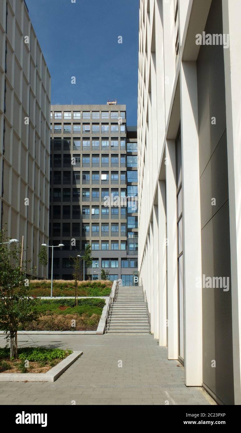 modern pedestrianized urban landscape of tall commercial developments behind leeds beckett university Stock Photo