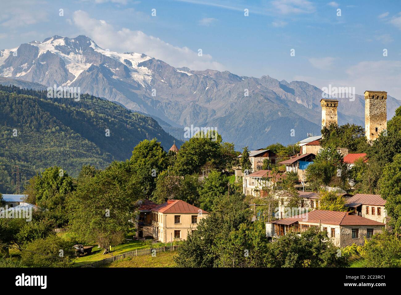 Village houses with towers in Caucasus Mountains, Georgia Stock Photo