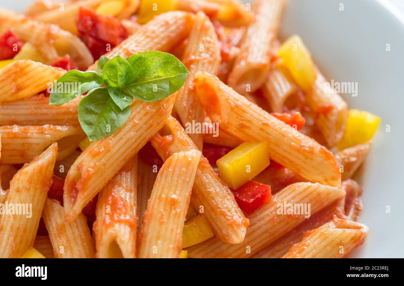 Penne with tomato sauce and fresh pepper Stock Photo