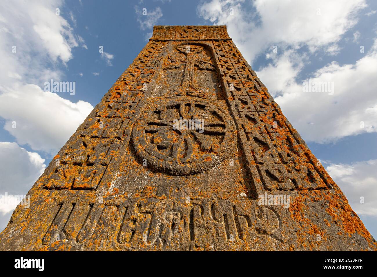 Ancient tombs and headstones known as Khachkar, in the historical cemetery of Noratus in Armenia. Stock Photo