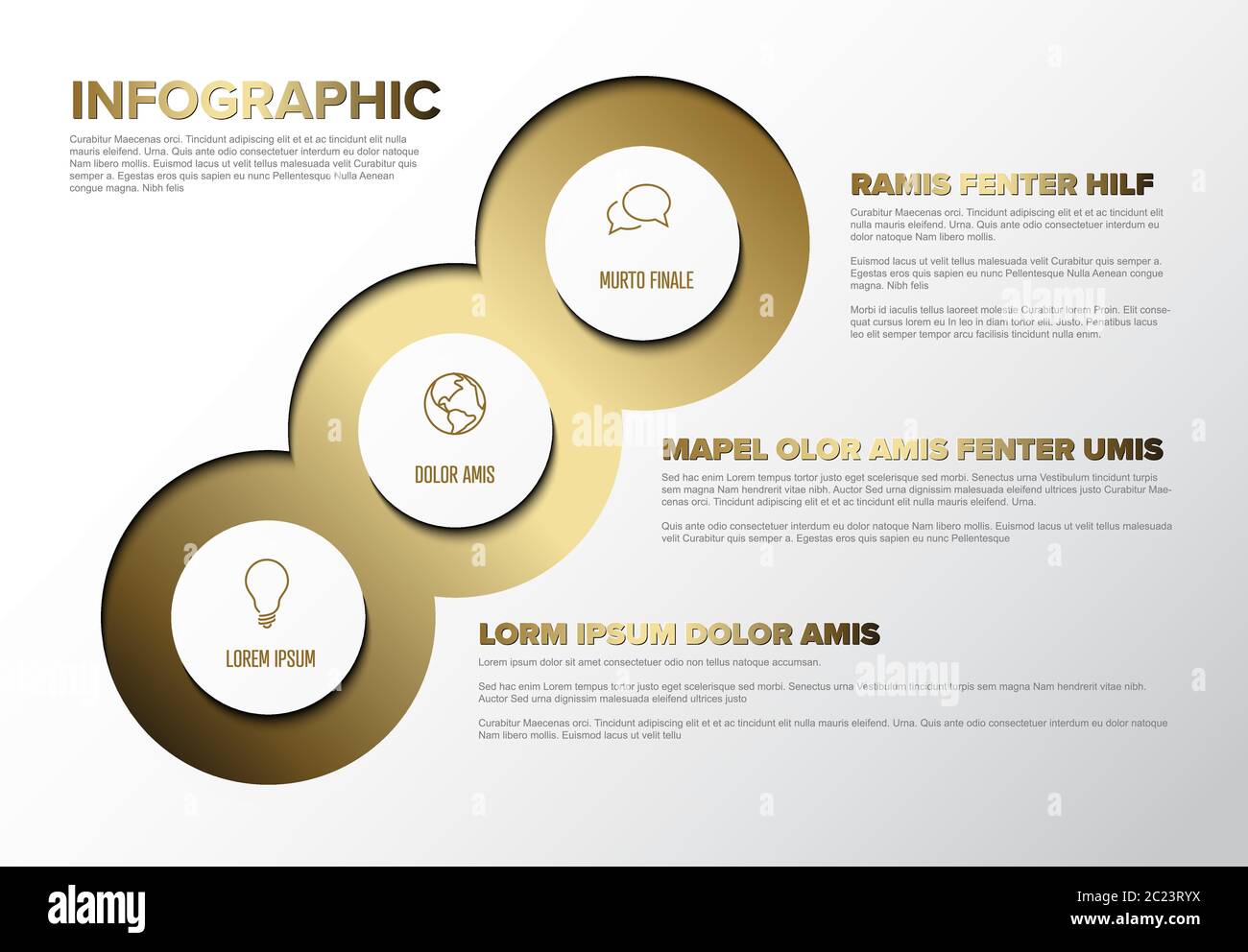 Vector multipurpose Infographic template with three elements options - premium golden version on a light background Stock Vector