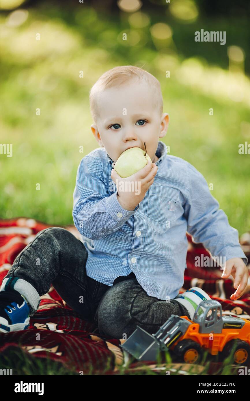 Portrait of little stylish blonde boy among grass and holding apple. Stock Photo