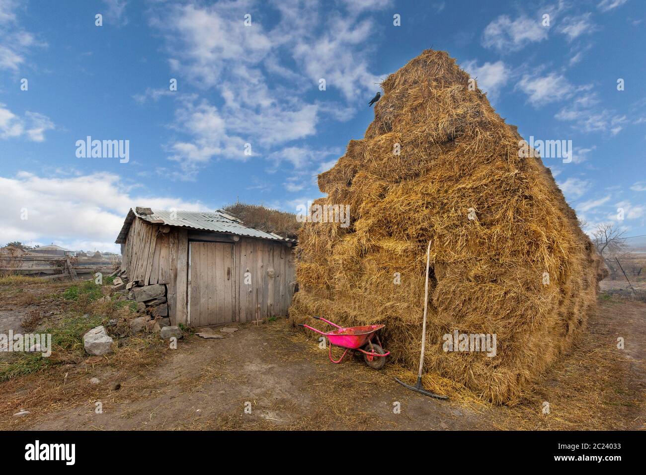 Haystack and pink wheelbarrow in village, Georgia Stock Photo