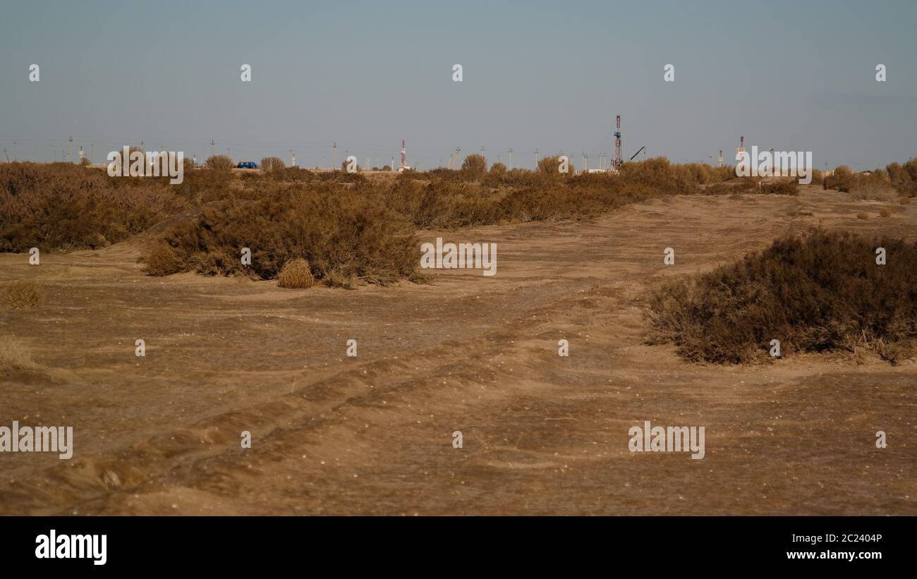 nature gas production at aralkum desert as a bed of former Aral sea, Karakalpakstan, uzbekistan Stock Photo