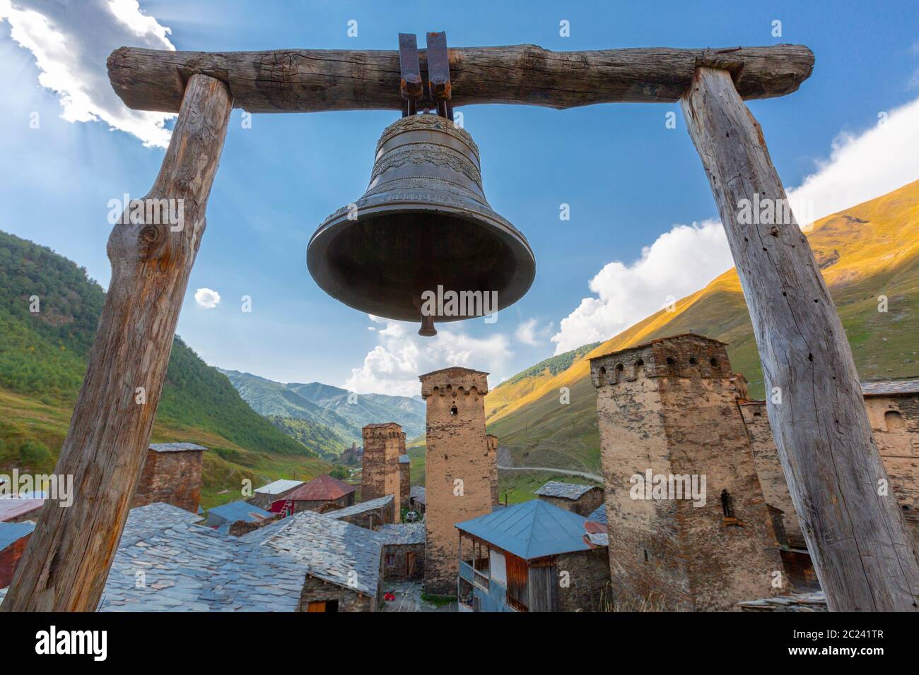 Church bell in the village of Ushguli, Caucasus Mountains, Georgia Stock Photo