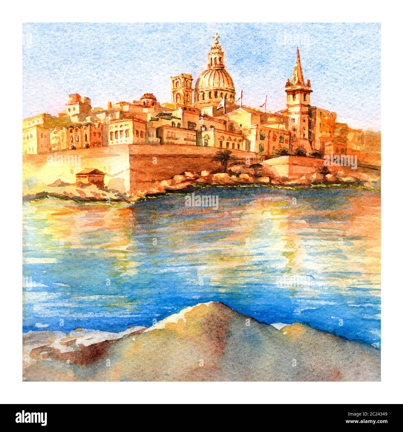 Watercolor sketch of Valletta with church of Our Lady of Mount Carmel and St. Paul's Anglican Pro-Cathedral at sunrise, Valletta, Capital city of Malt Stock Photo
