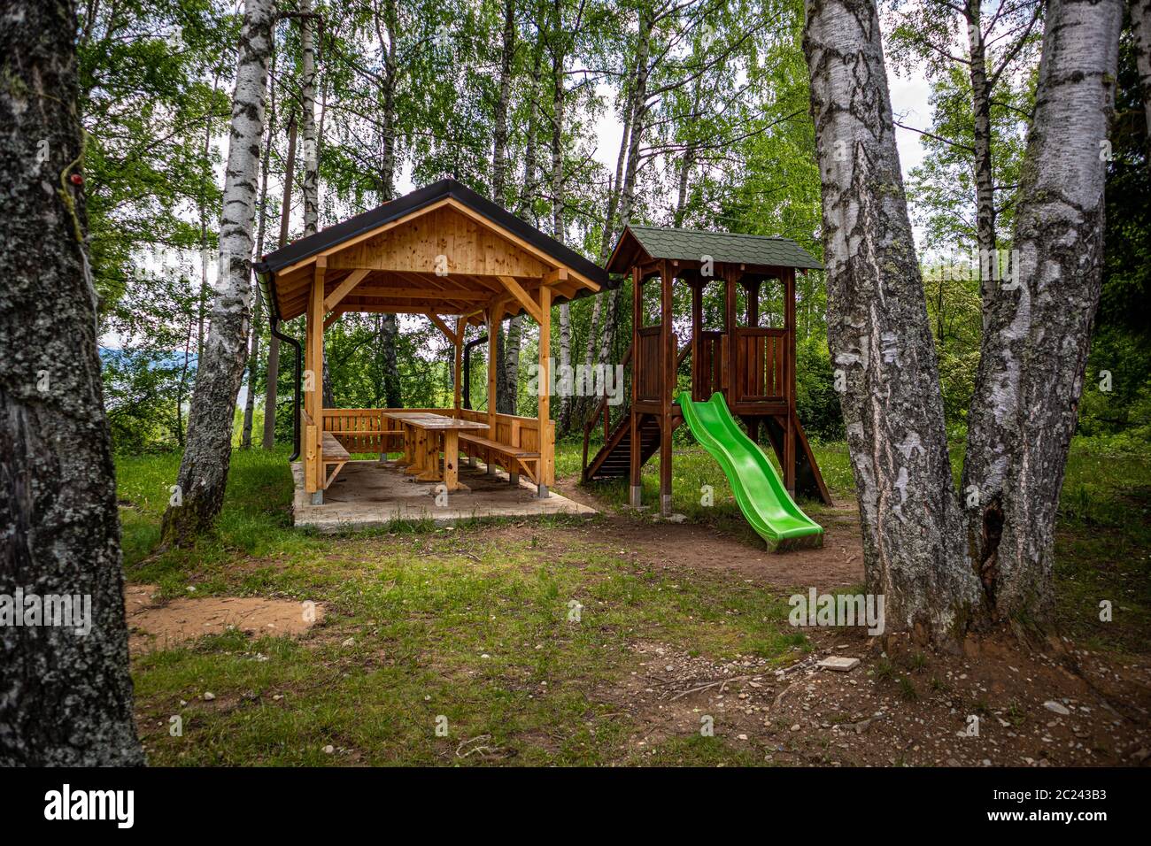 wooden house and slide