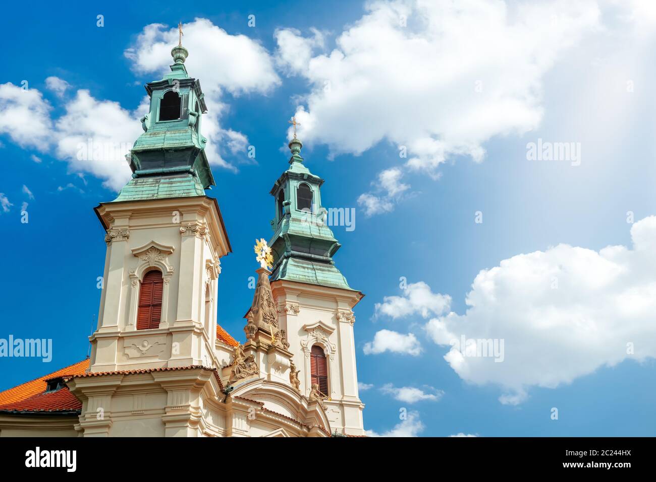Two steeples of The Church of St. John of Nepomuk on the Rock. Prague, Czech Republic Stock Photo