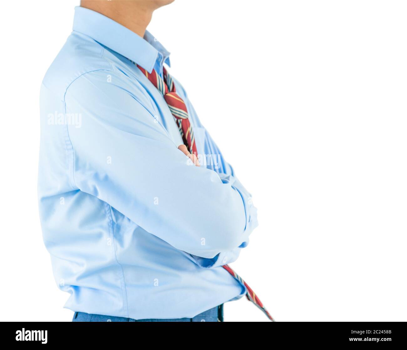 Man in long sleeve shirt wear keeping arms crossed while standing isolate on white background with clipping path Stock Photo