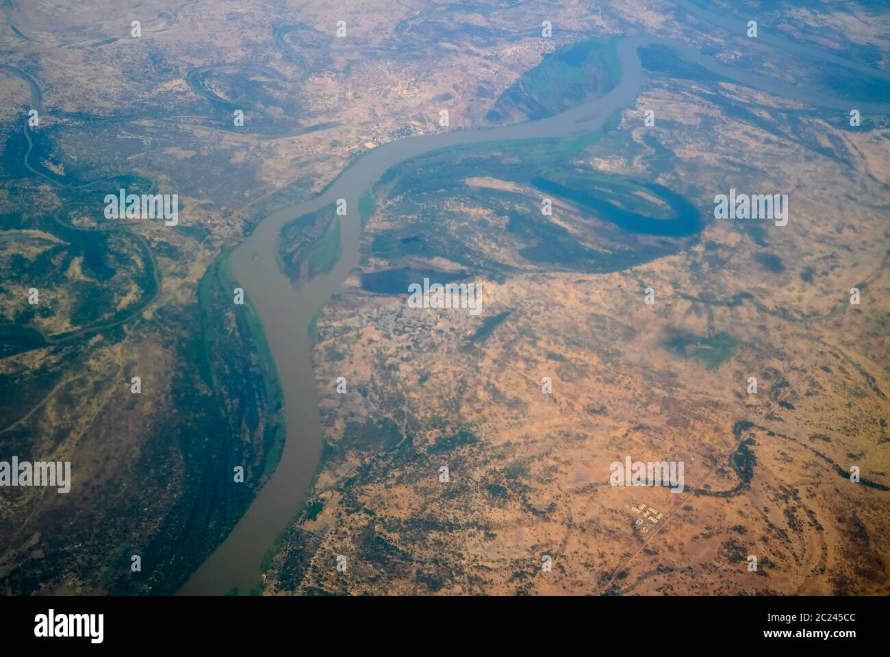 aerial aeroplane view to Chari or Shari River , natural border between Chad and Cameroon Stock Photo
