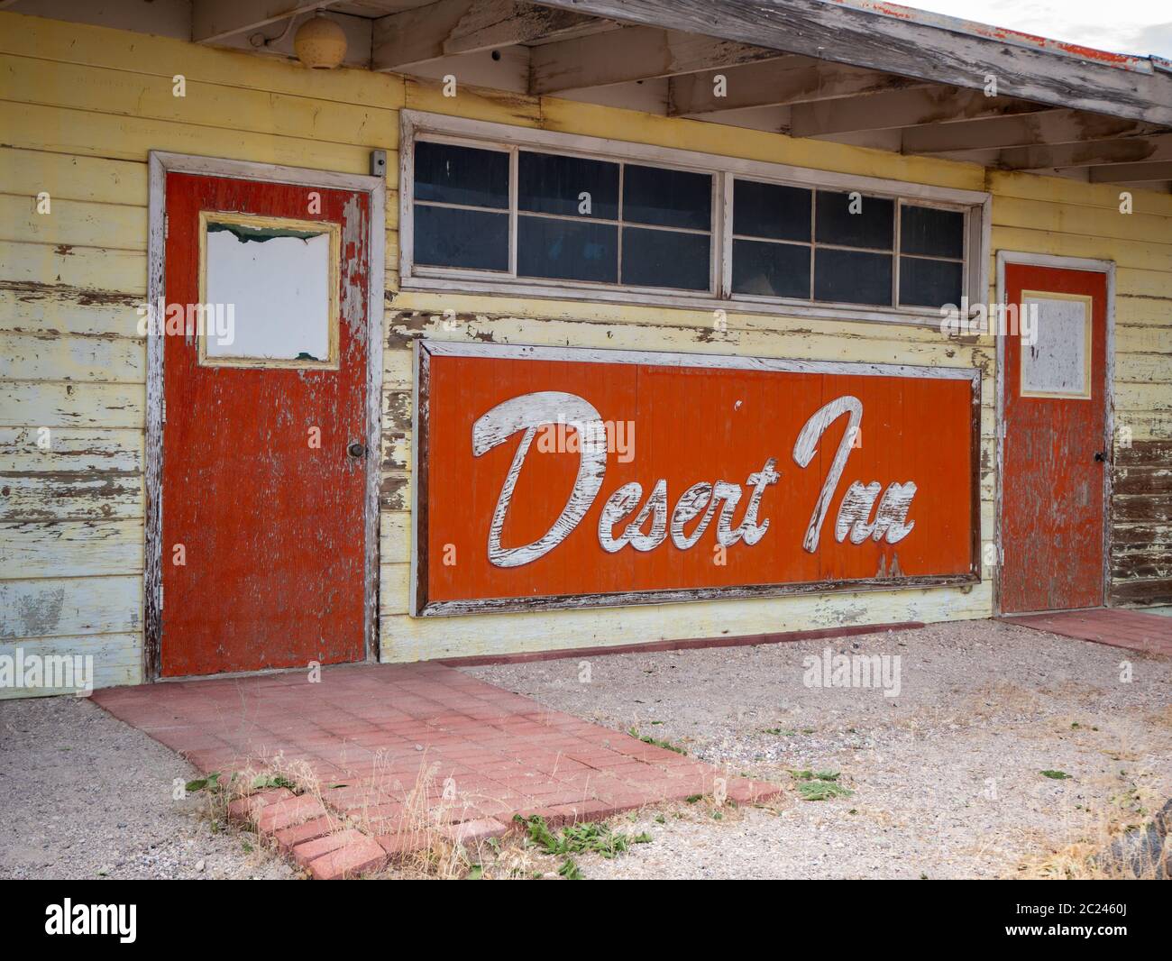 Beatty, Nevada, 13 June 2020: Historic Desert Inn (sign and two doors) near US Highway 96 Stock Photo
