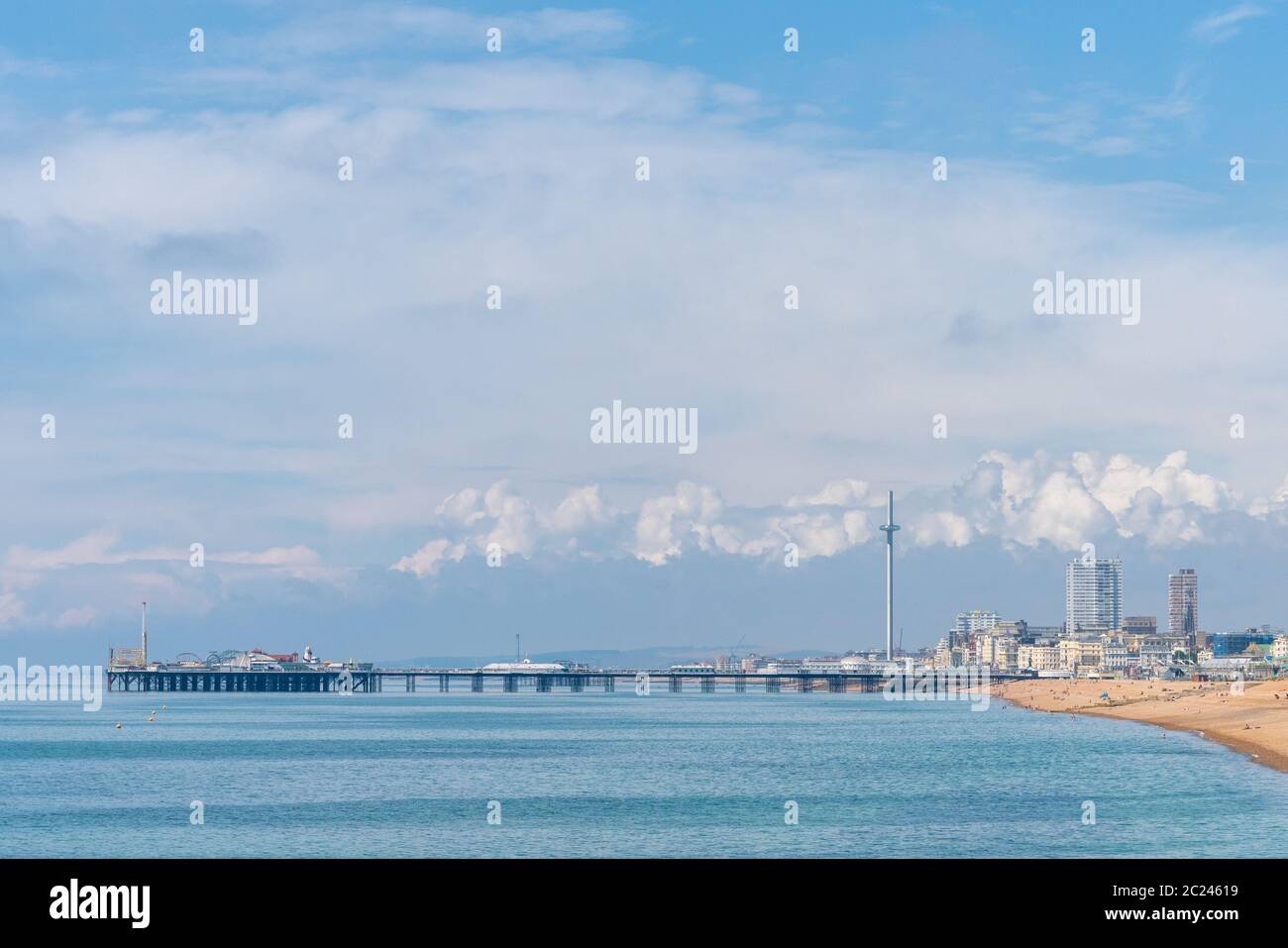 Scenic panorama of the Brighton Pier and city coastline. Stock Photo