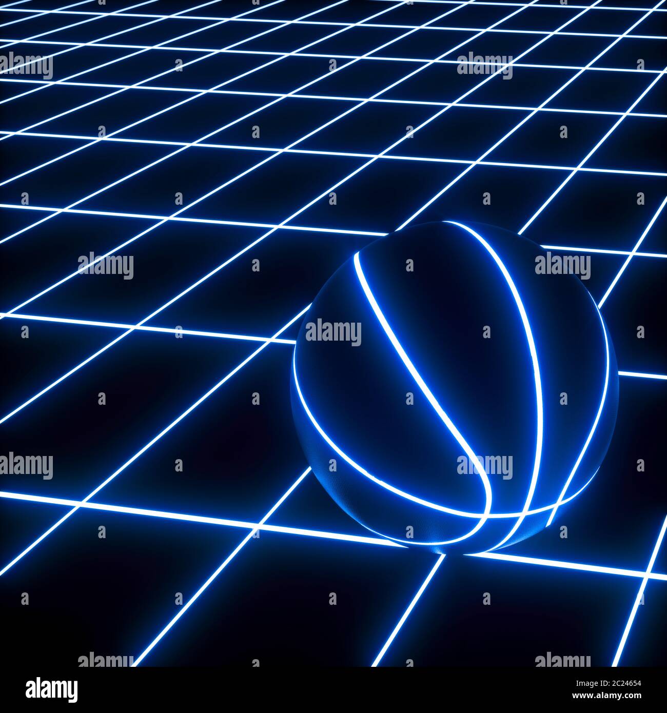 3D rendering of single blue neon basketball ball not moving on top of