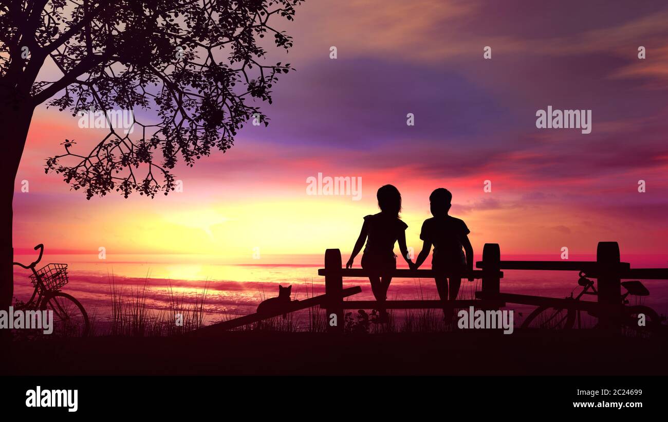 Silhouettes Of A Boy And A Girl Hold Hands And Watch The Sea Sunset After The Cycle Walk Stock Photo Alamy Silhouettes Of A Boy And A Girl Hold Hands And Watch The Sea Sunset After The Cycle Walk Stock Photo Alamy