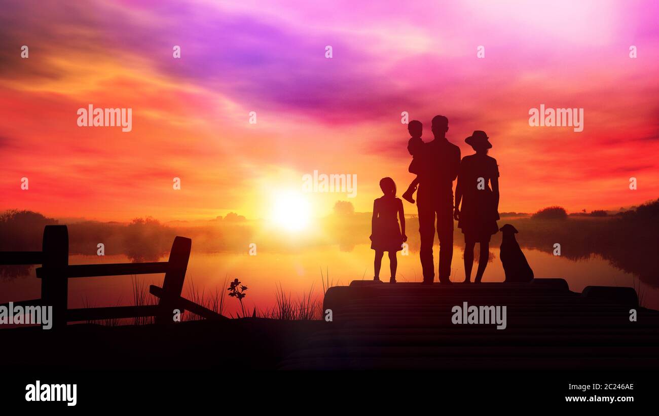 Silhouettes of a family with two children standing on a wooden pier ...