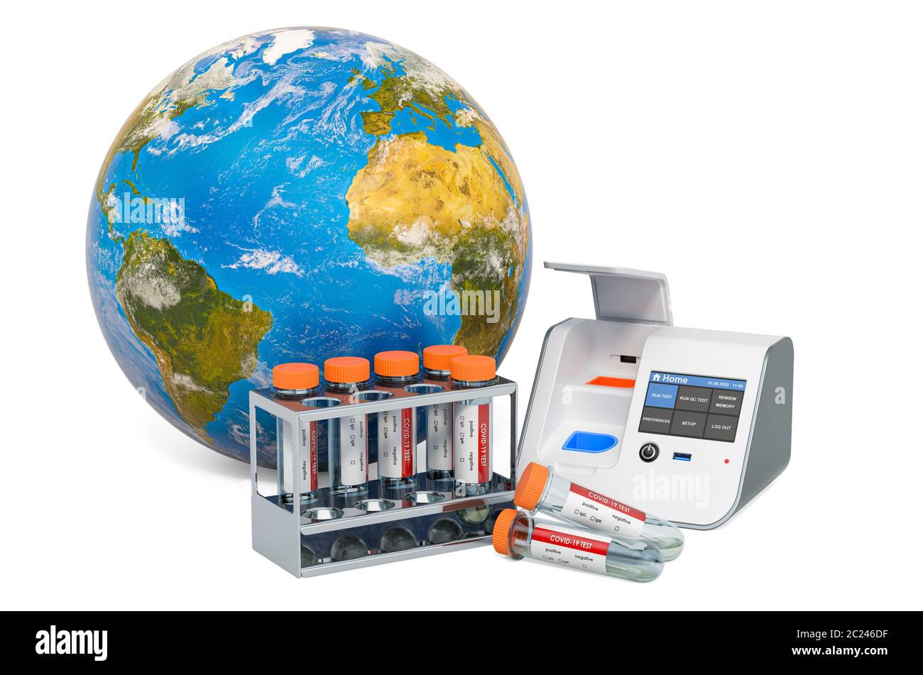 Global COVID19 testing concept. Labinabox test with Earth Globe, 3D rendering isolated on