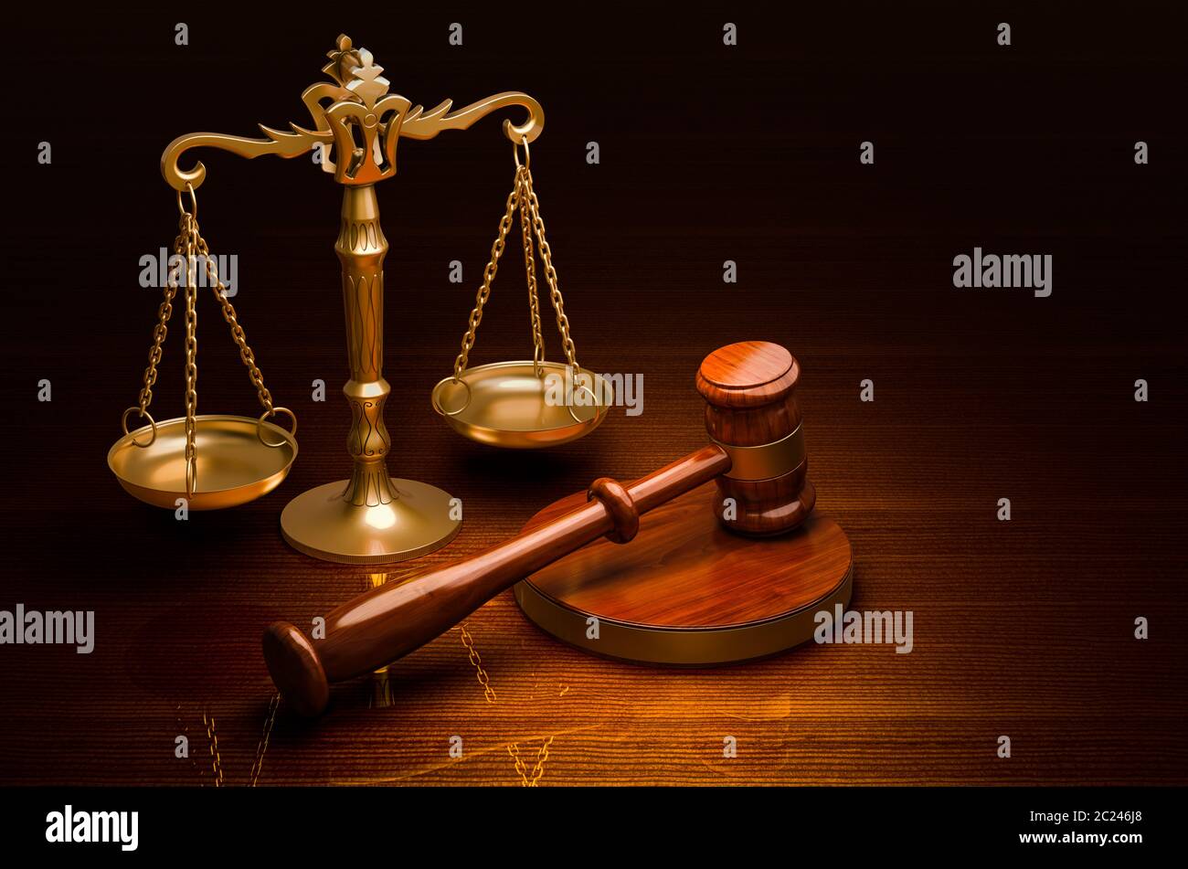 Scales of Justice and Wooden Gavel on the desk, 3D rendering Stock ...