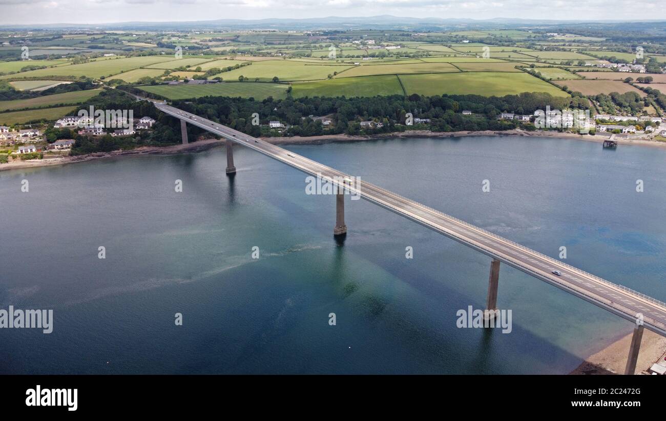 Aerial View of Cleddau Bridge over Cleddau Estuary, Pembrock Dock, Pembrokesire Wales, UK Stock Photo