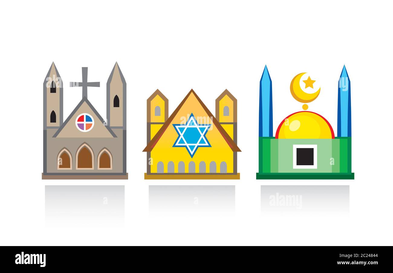 Cathedral church, Jewish synagogue, Islamic mosque. Religious temples, architectural structures. Stock Photo