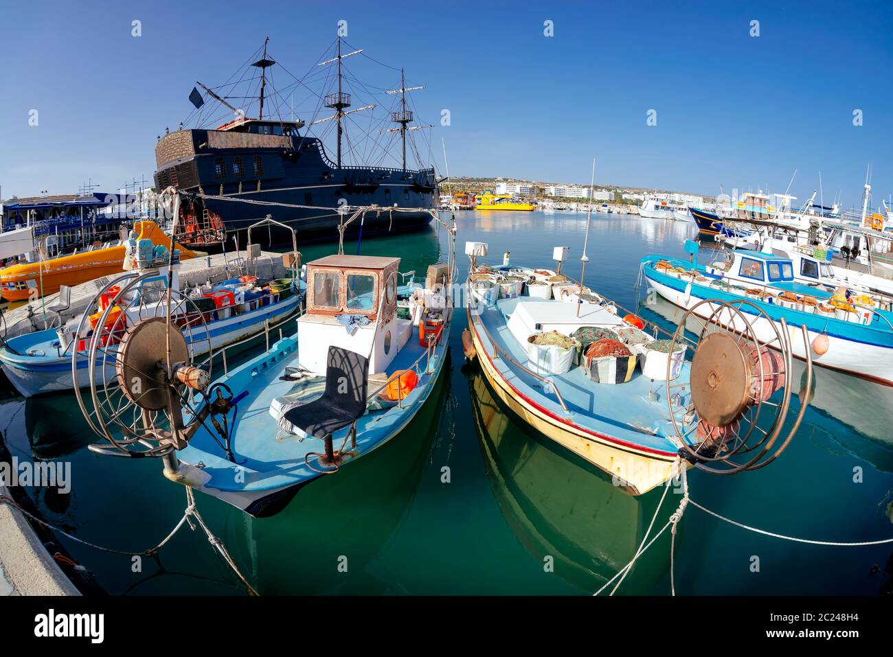 Traditional fishing boats in the harbour of Ayia Napa. Famagusta District, Cyprus Stock Photo