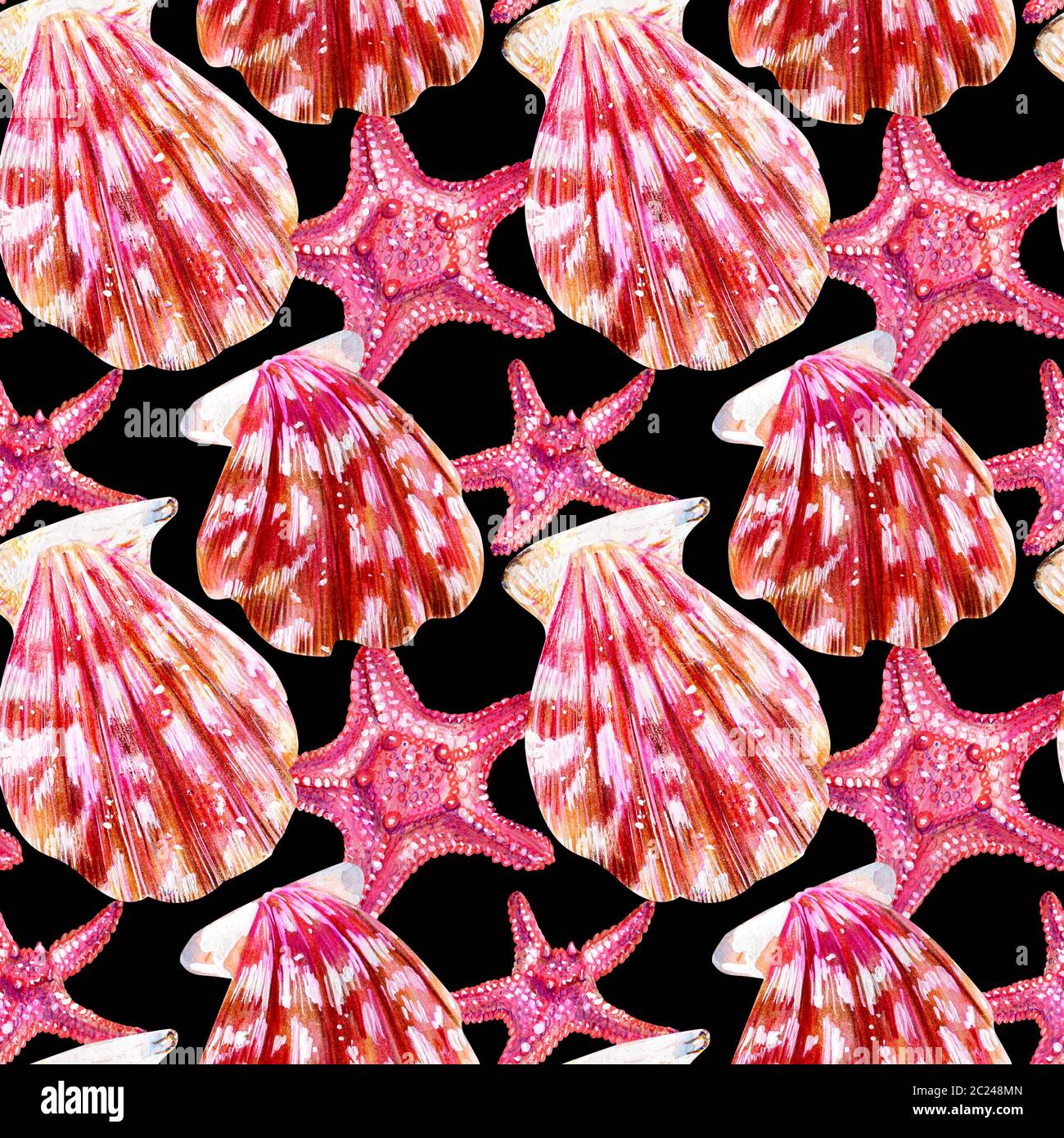 Seamless pattern of scallop shells. Mother of pearl with pink clam ...