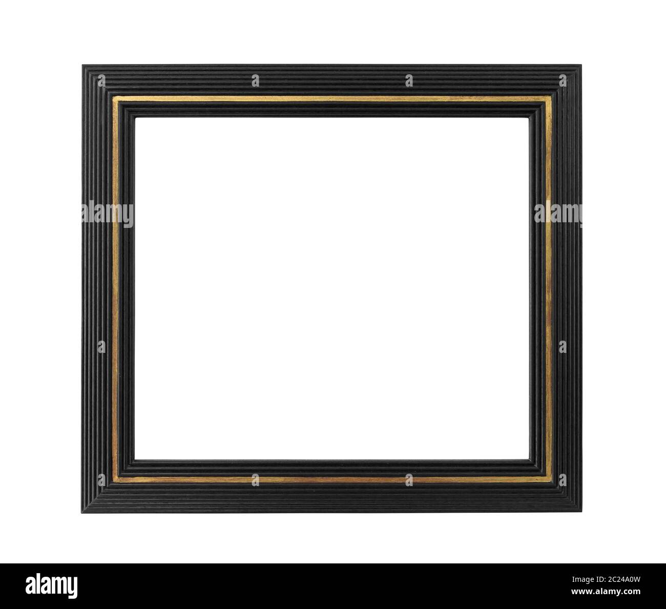 Black wooden picture frame with golden decoration isolated on white ...