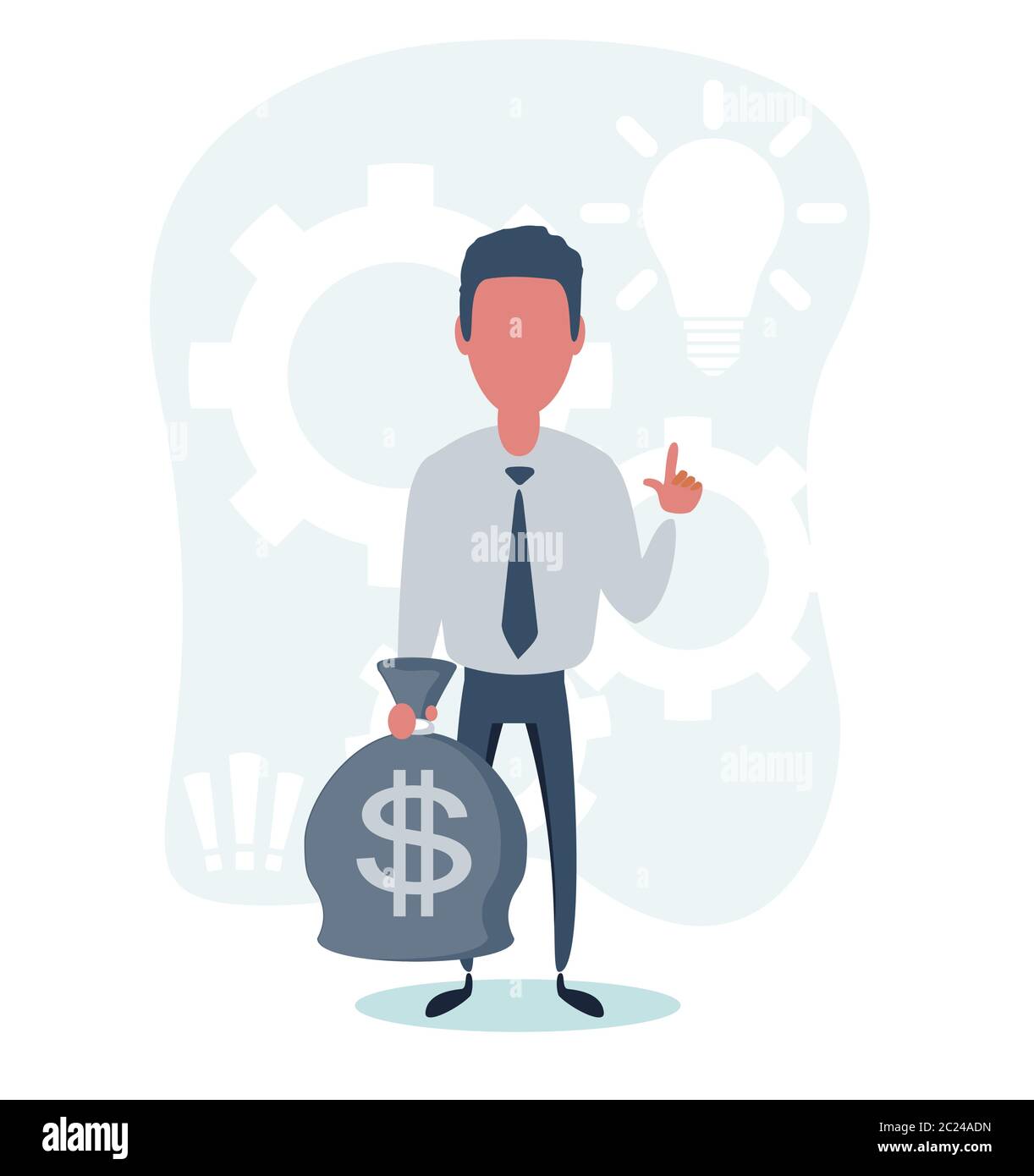 Business man character hold bags full of money. Stock Vector