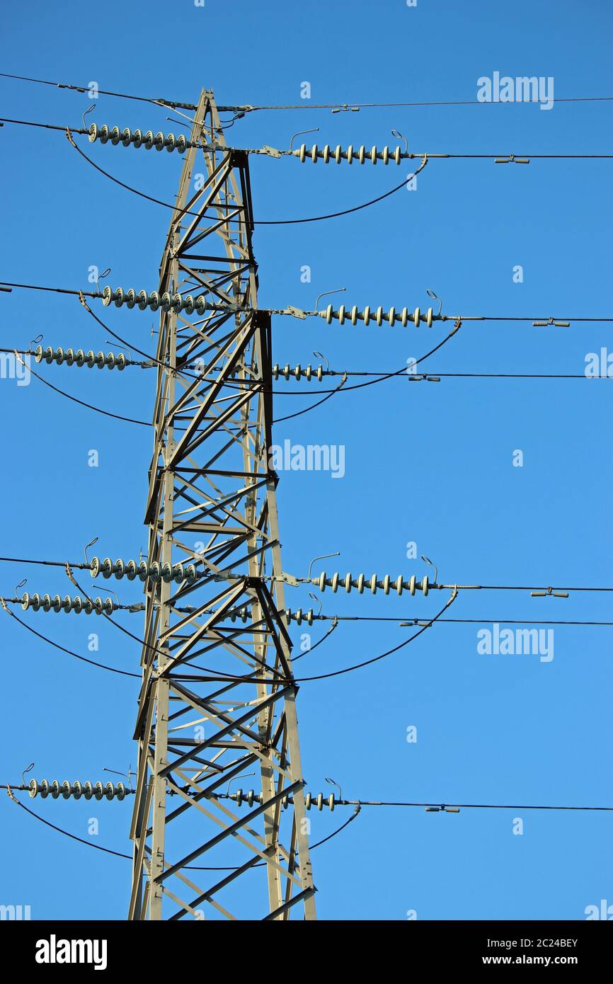 High voltage electricity pylon or power transmission tower with cables ...