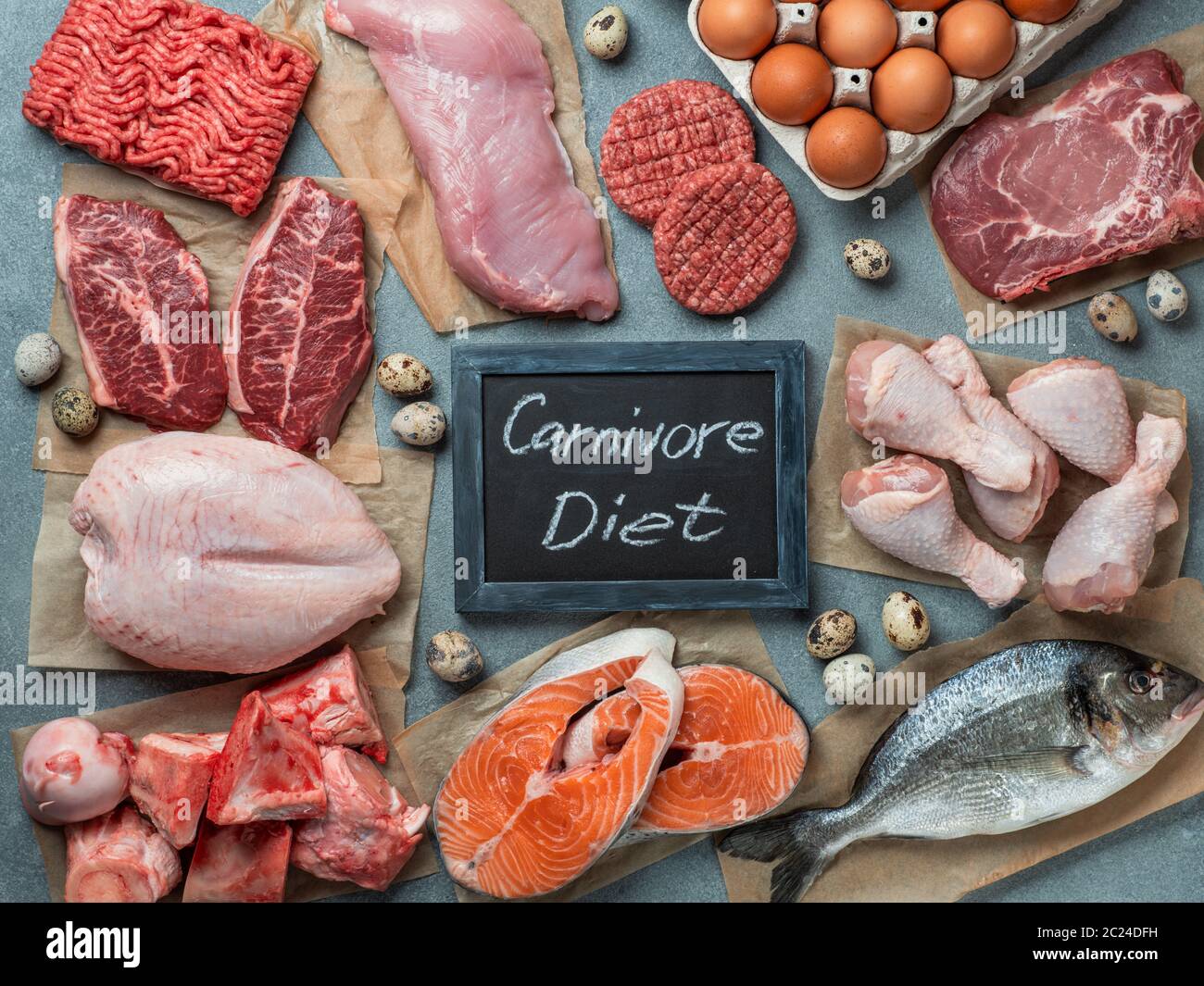 Carnivore diet concept. Raw ingredients for zero carb diet - meat, poultry, fish, seafood, eggs, beef bones for bone broth and words Carnivore Diet on Stock Photo
