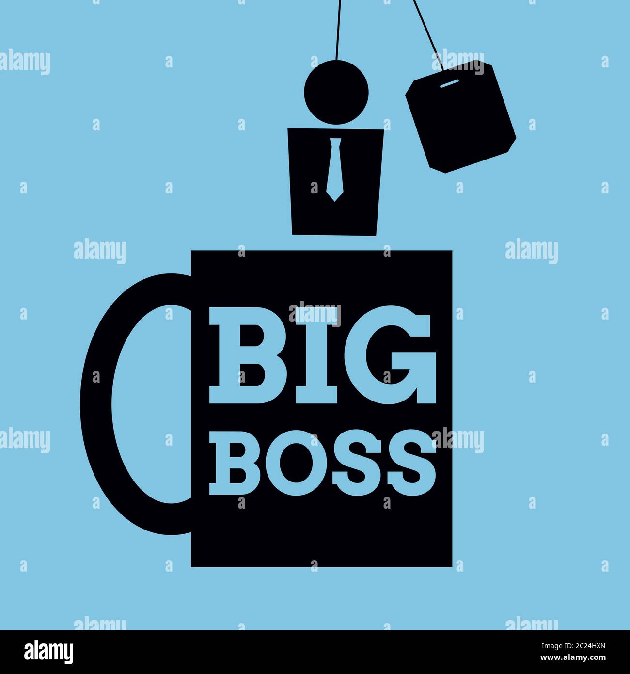 Vector simplified illustration. Icon of a mug with words 'Big Boss' written on it and a person instead of teabag. Square format. Black on blue. Stock Vector