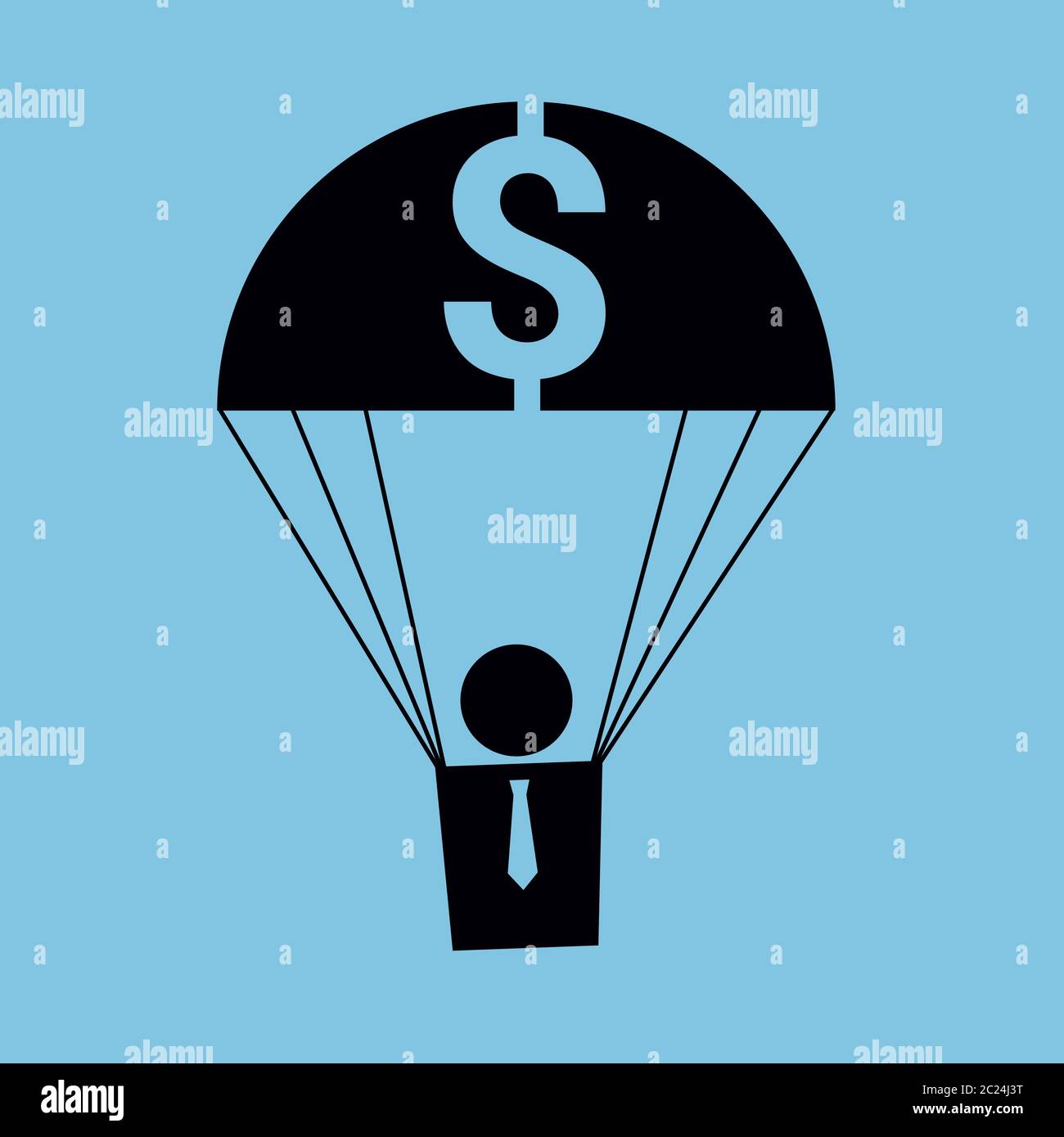 Vector minimalist illustration. Icon of a parachuting man. Metaphor for "golden parachute". Black and blue colors. Square format. Stock Vector
