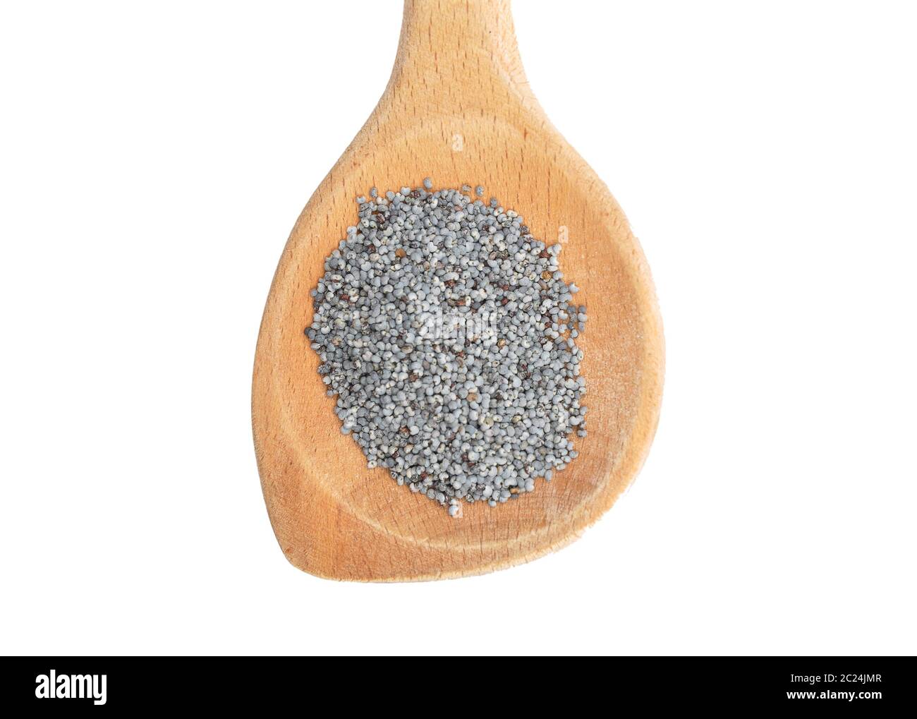 Poppy seeds on wooden spoon and white background Stock Photo