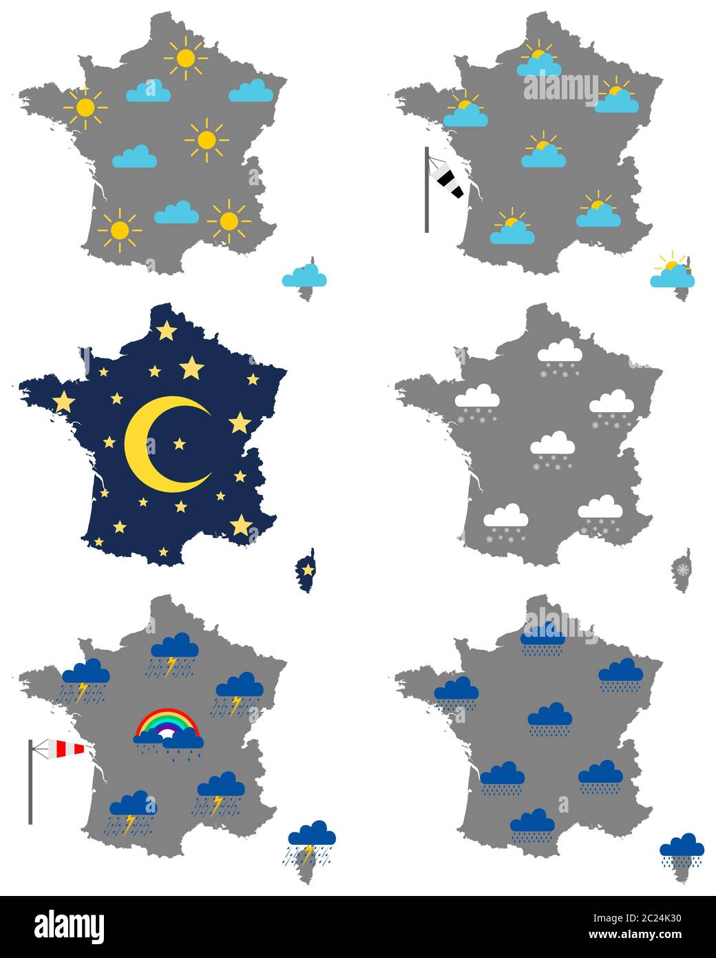 Karten von Frankreich mit verschiedenen Wettersymbolen Stock Photo