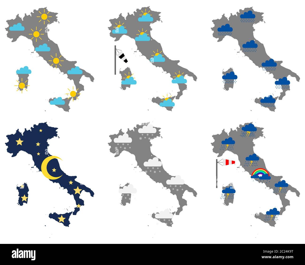 Karten von Italien mit verschiedenen Wettersymbolen Stock Photo