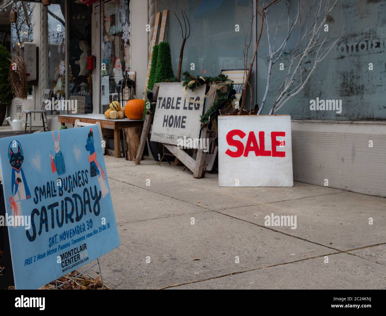 MONTCLAIR, NEW JERSEY, USA - NOVEMBER 22, 2019:  Signage for Small Business Saturday  retail event in downtown Montclair Stock Photo