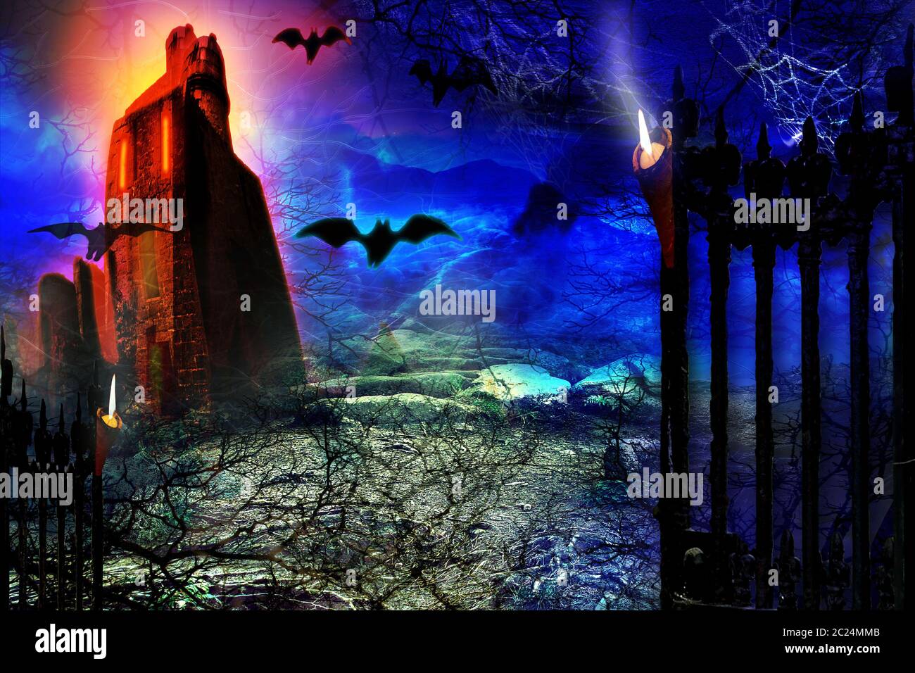Halloween background. Scary house in spooky forest in the night. Stock Photo