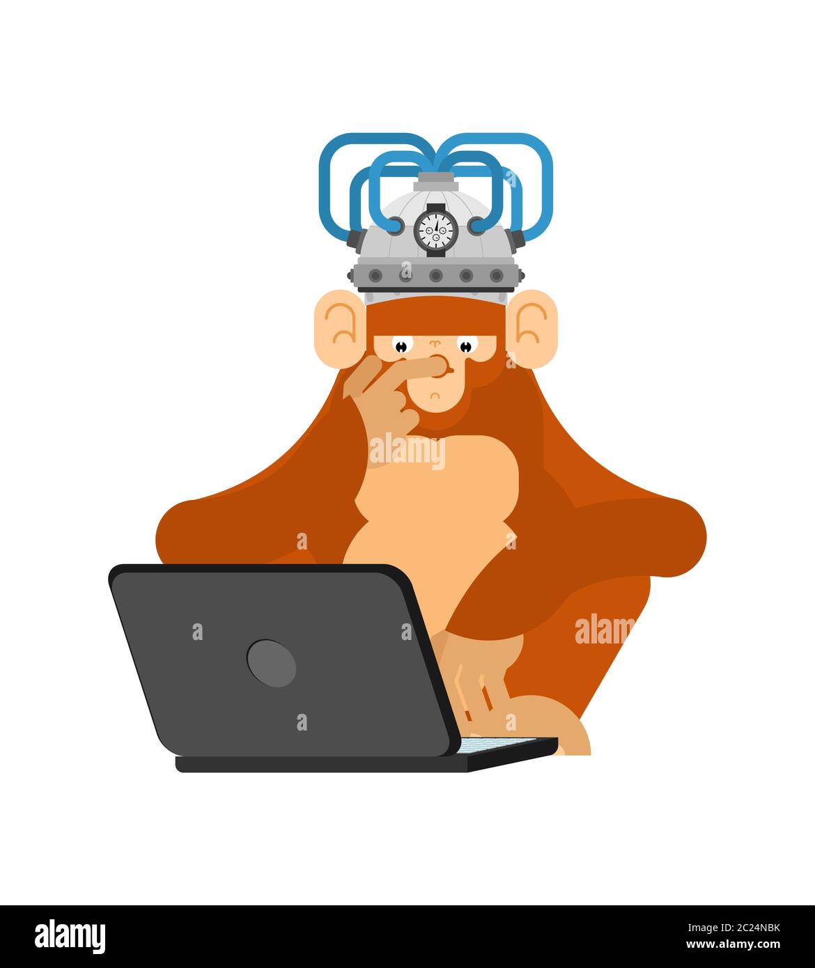 Monkey in brain stimulation helmet and computer. Chimpanzee looks at laptop. brain-control helm Stock Vector