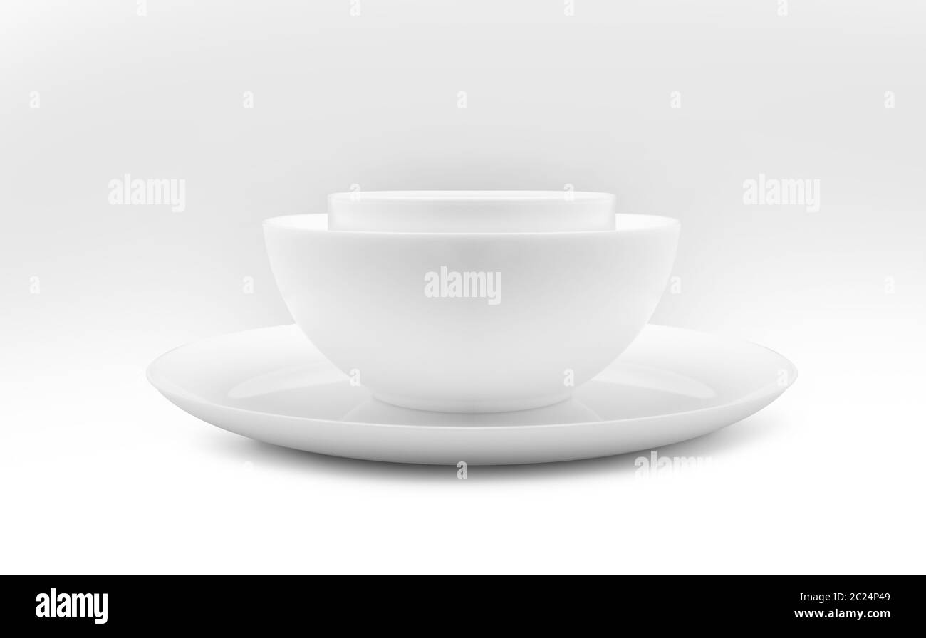 Set of white dishes on table on light background. With clippig path