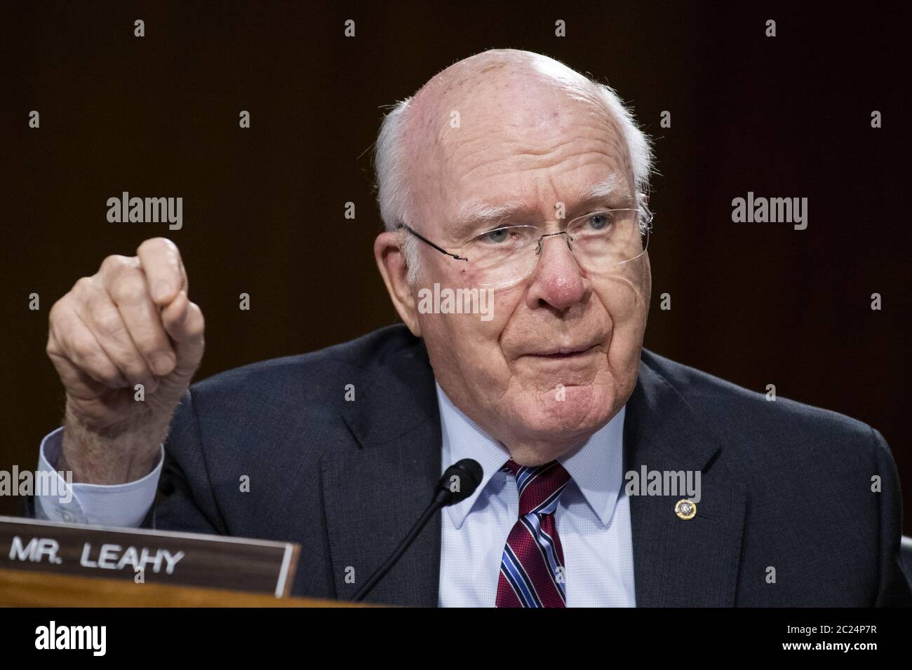 Washington, United States. 16th June, 2020. Sen. Patrick Leahy, D-Vt., asks a question during a Senate Judiciary Committee hearing to examine issues involving race and policing practices in the aftermath of the death in Minneapolis police custody of George Floyd and the civil unrest that followed on Capitol Hill in Washington, DC on Tuesday, June 16, 2020. Pool Photo by Tom Williams/UPI Credit: UPI/Alamy Live News Stock Photo